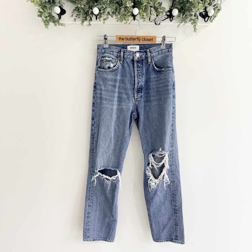 Agolde 90s Pinch Waist Straight Leg Medium Wash Distressed Knees Jeans Size 26